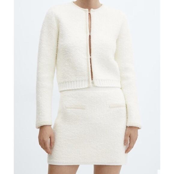 Mango CONTRAST TRIMS CARDIGAN Alpaca-blend Ivory Hook Women’s XXL NEW - Picture 1 of 7